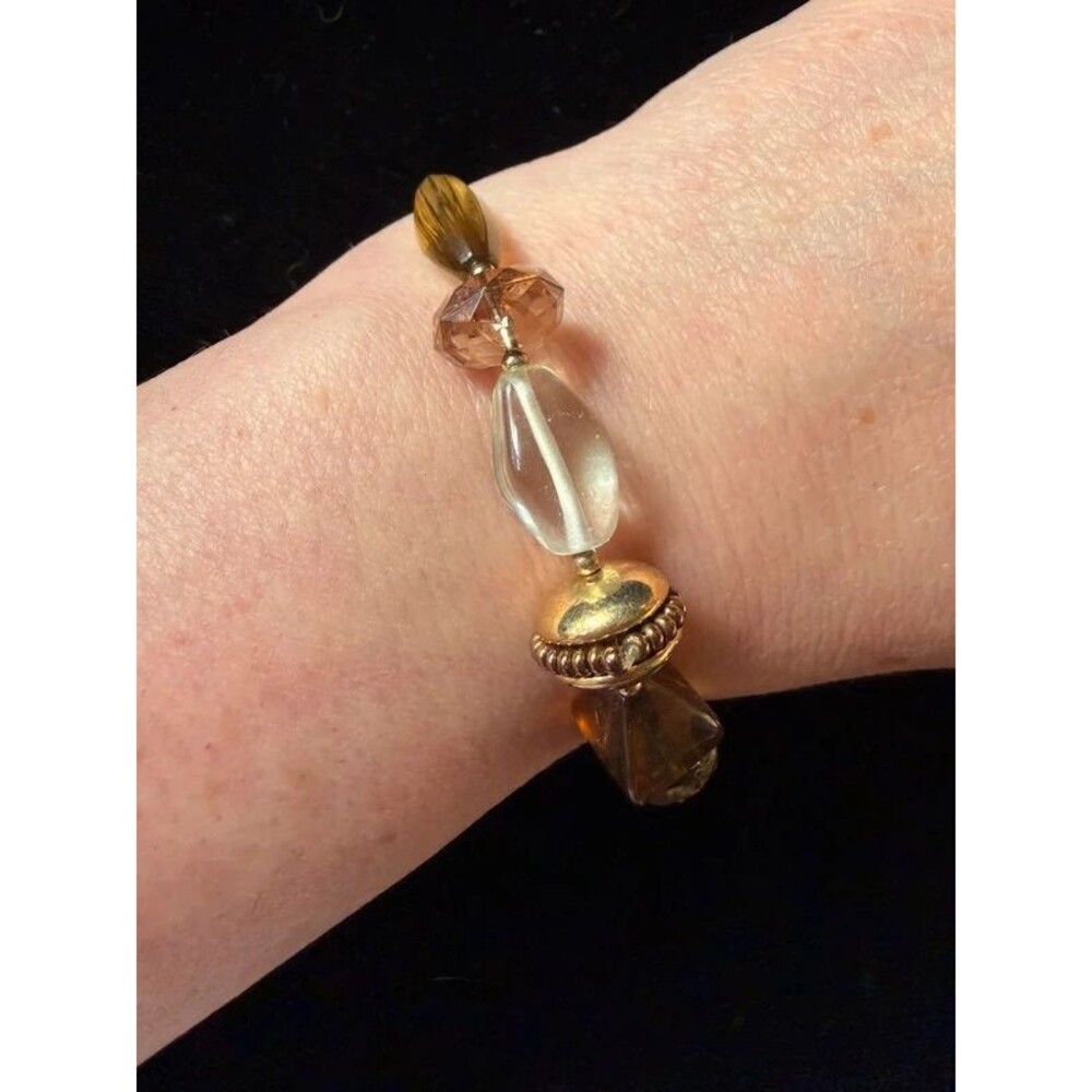 NWT Napier Chunky Amber Glass Bead Stretch Bracelet Gold Tone